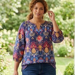 Talbots Women XL Blouse Top Navy Blue Paisley Floral Cotton 3/4 Sleeve Scalloped